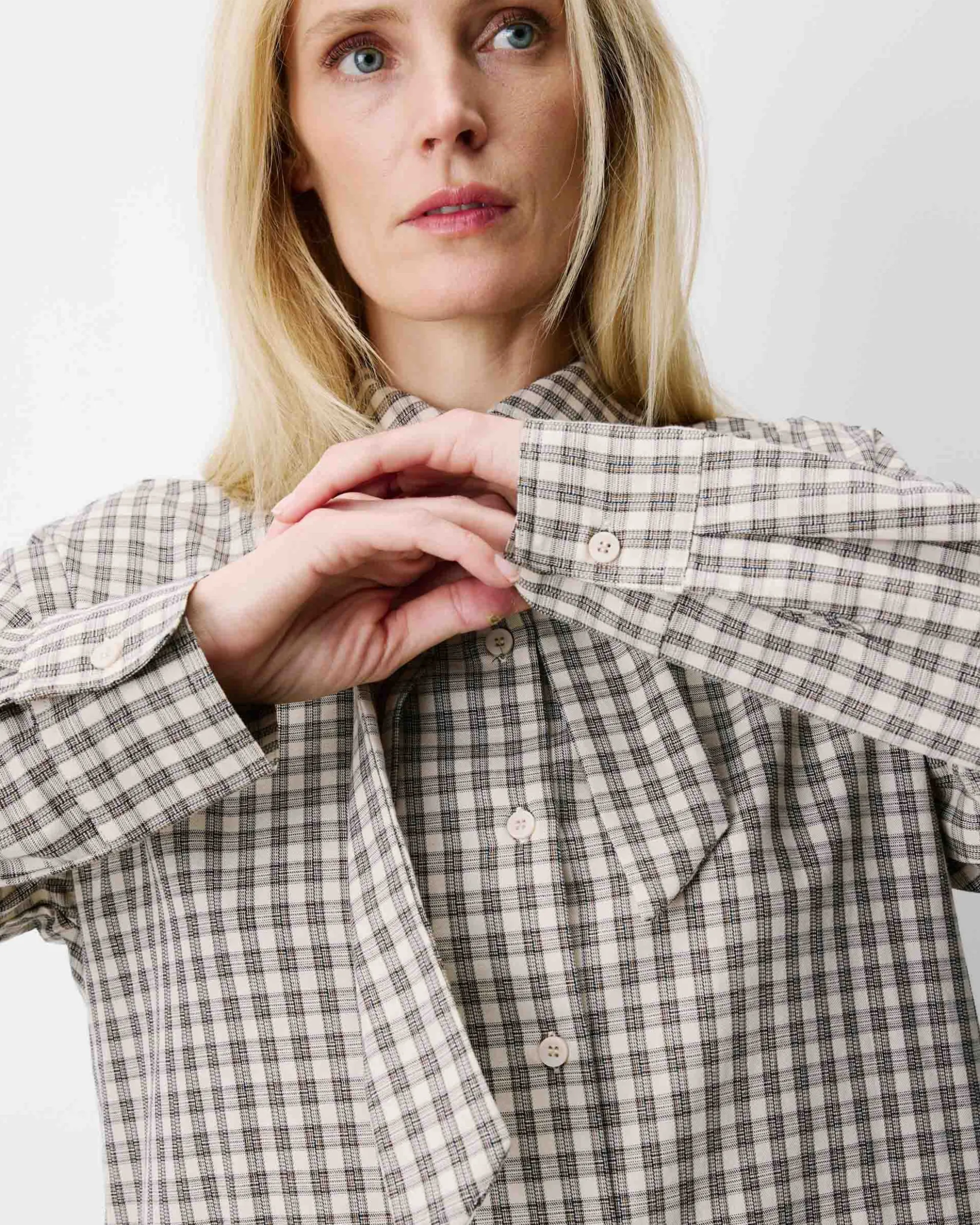 Chemise oversize col cavalier à carreaux sable Ayla