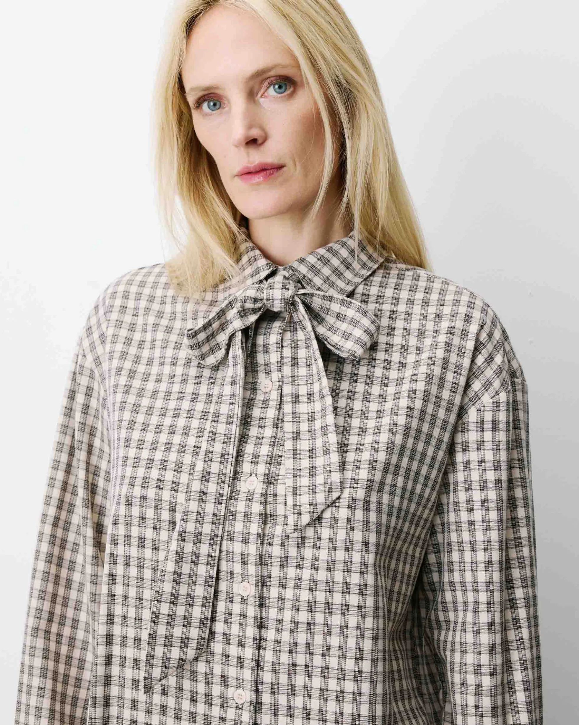 Chemise oversize col cavalier à carreaux sable Ayla
