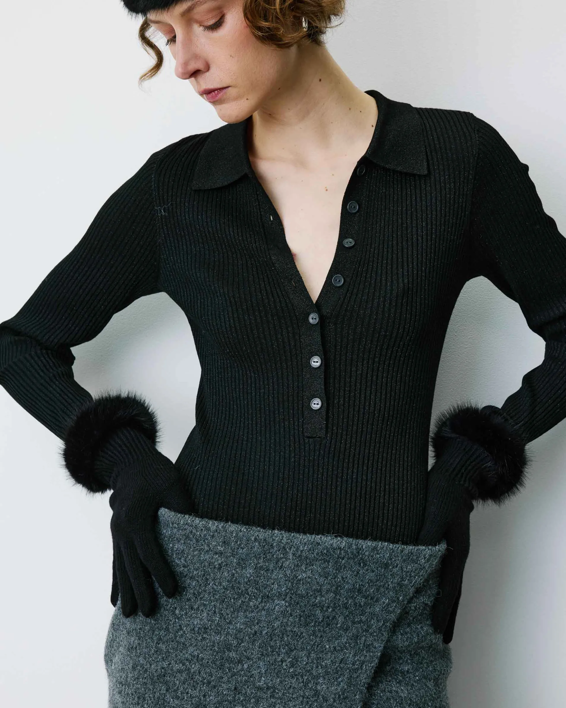 Gants en maille poignets fausse fourrure noir Brixton