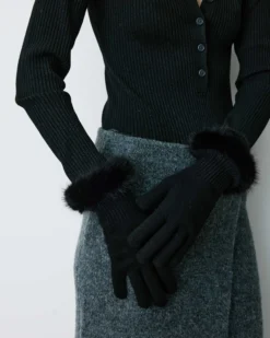 Gants en maille poignets fausse fourrure noir Brixton