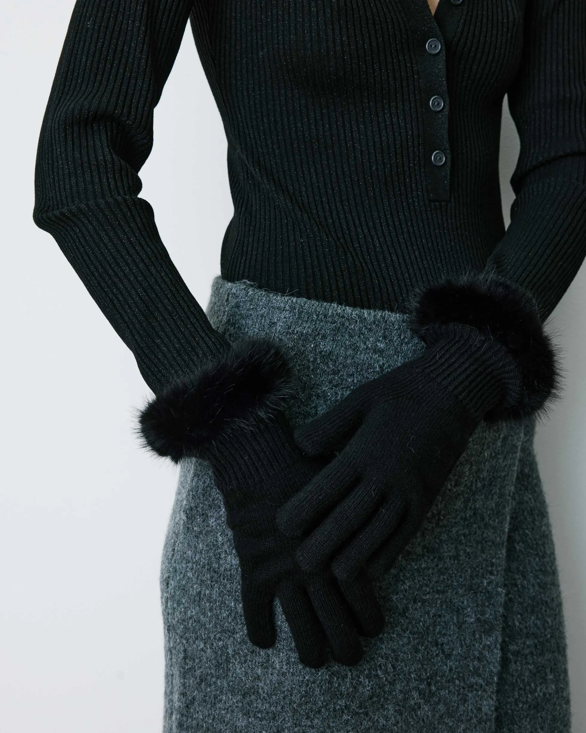 Gants en maille poignets fausse fourrure noir Brixton