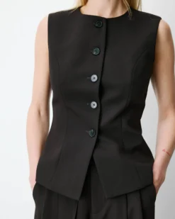 Gilet tailleur col rond boutonné chocolat Aristide