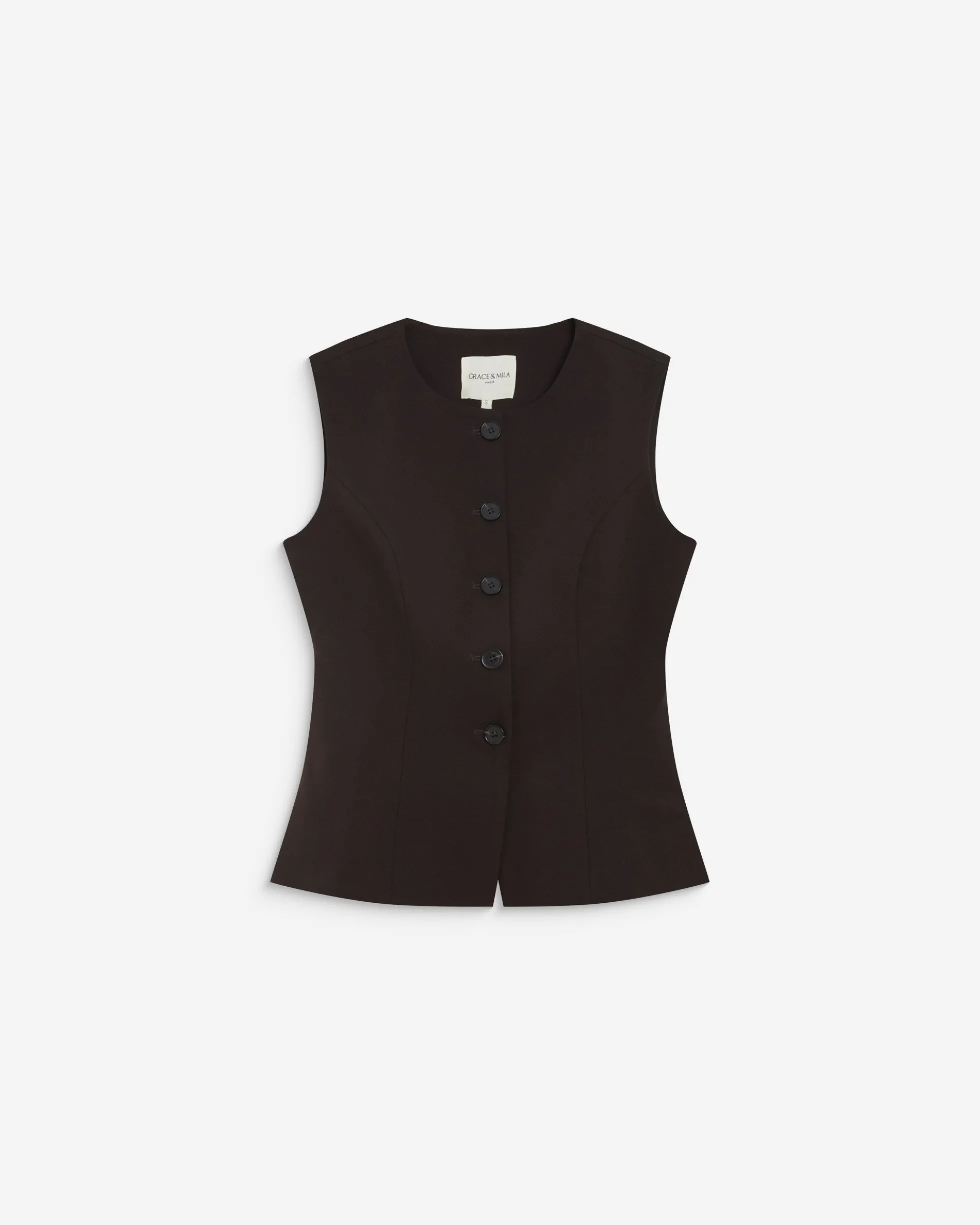 Gilet tailleur col rond boutonné chocolat Aristide