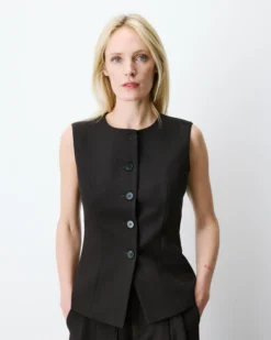 Gilet tailleur col rond boutonné chocolat Aristide
