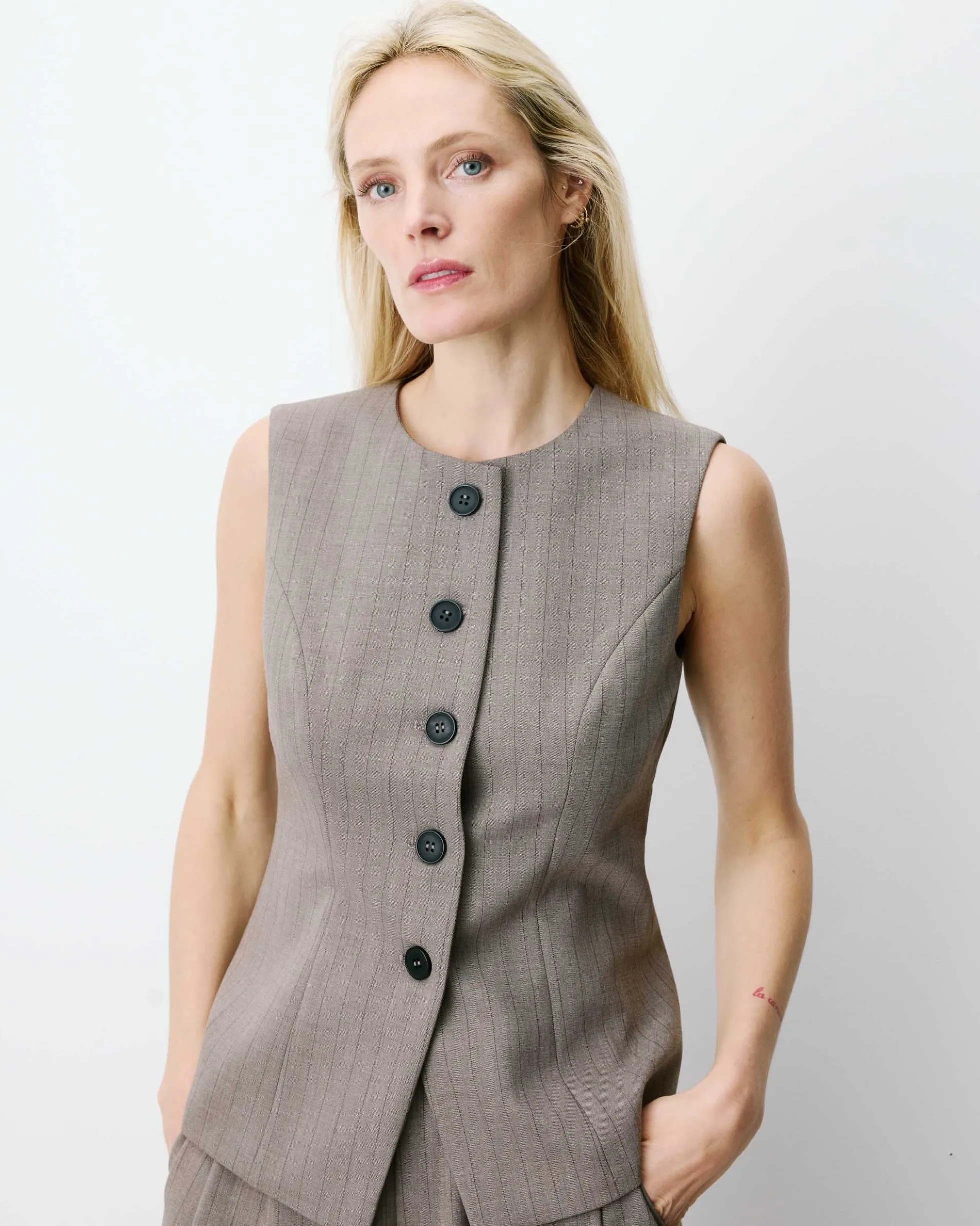 Gilet tailleur rayé col rond boutonné rayure Aristide
