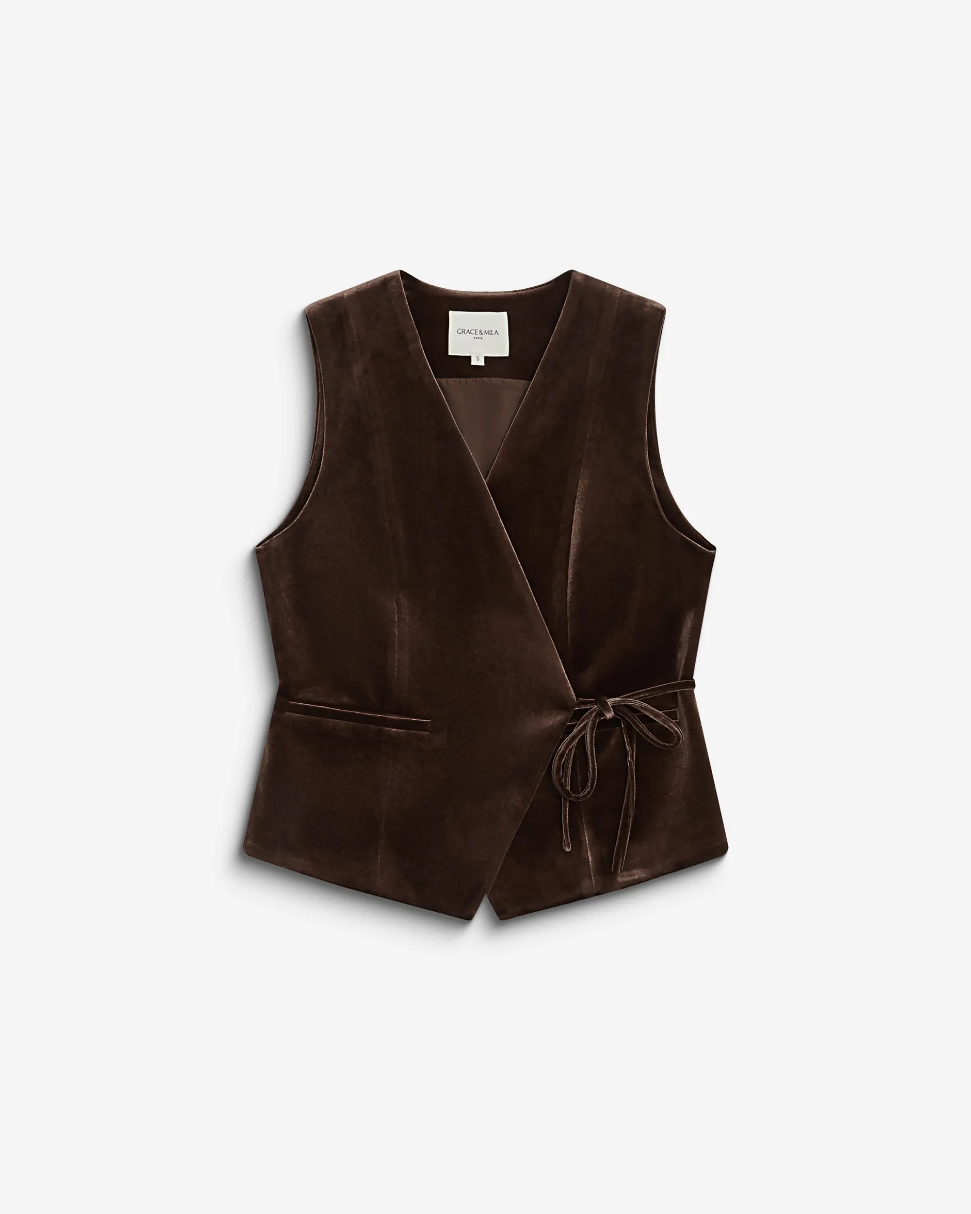 Gilet tailleur velours sans manches à nouer chocolat Benny