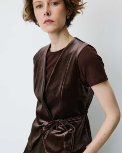 Gilet tailleur velours sans manches à nouer chocolat Benny