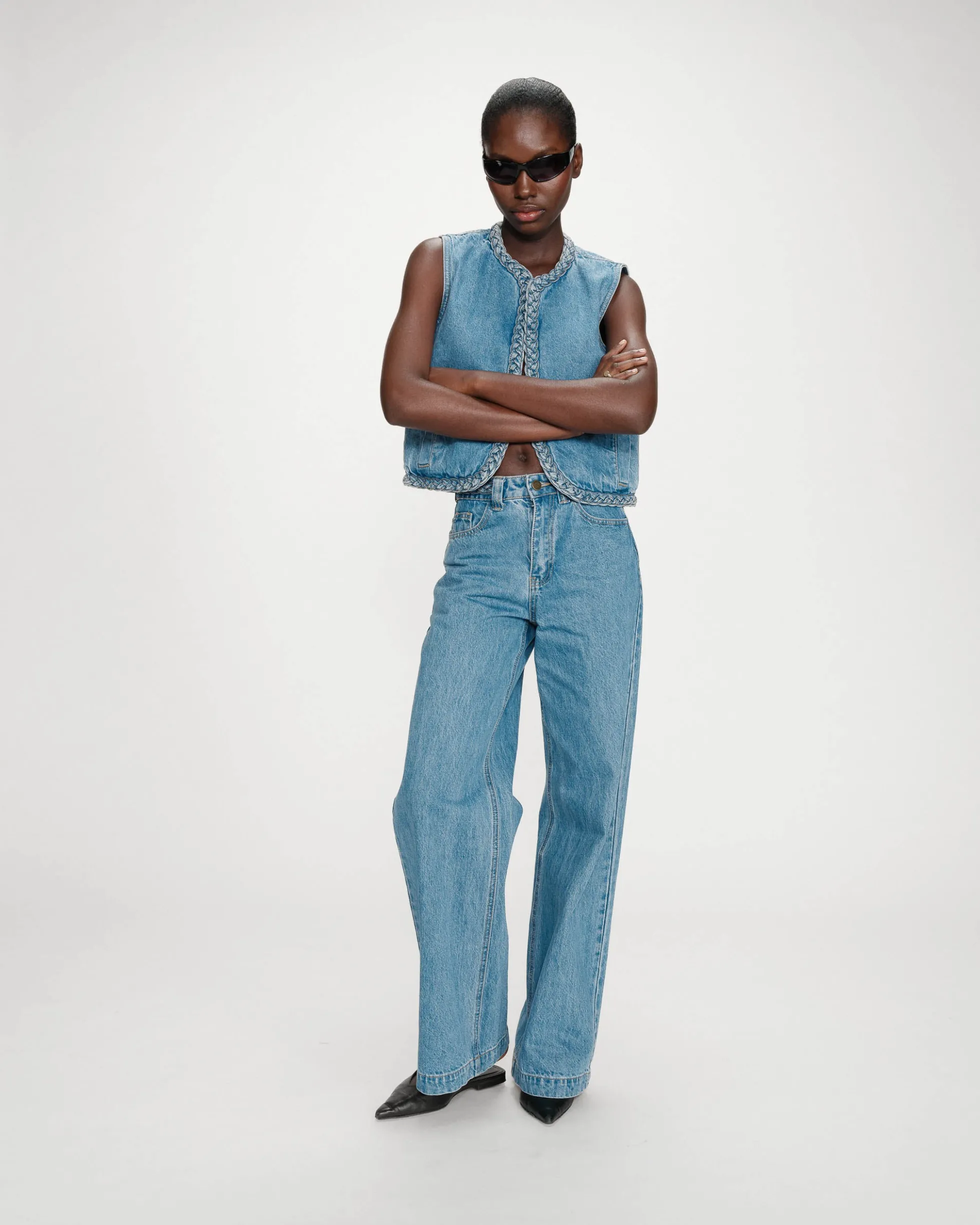 Jean large taille haute ceinture tressée lightblue Jaden
