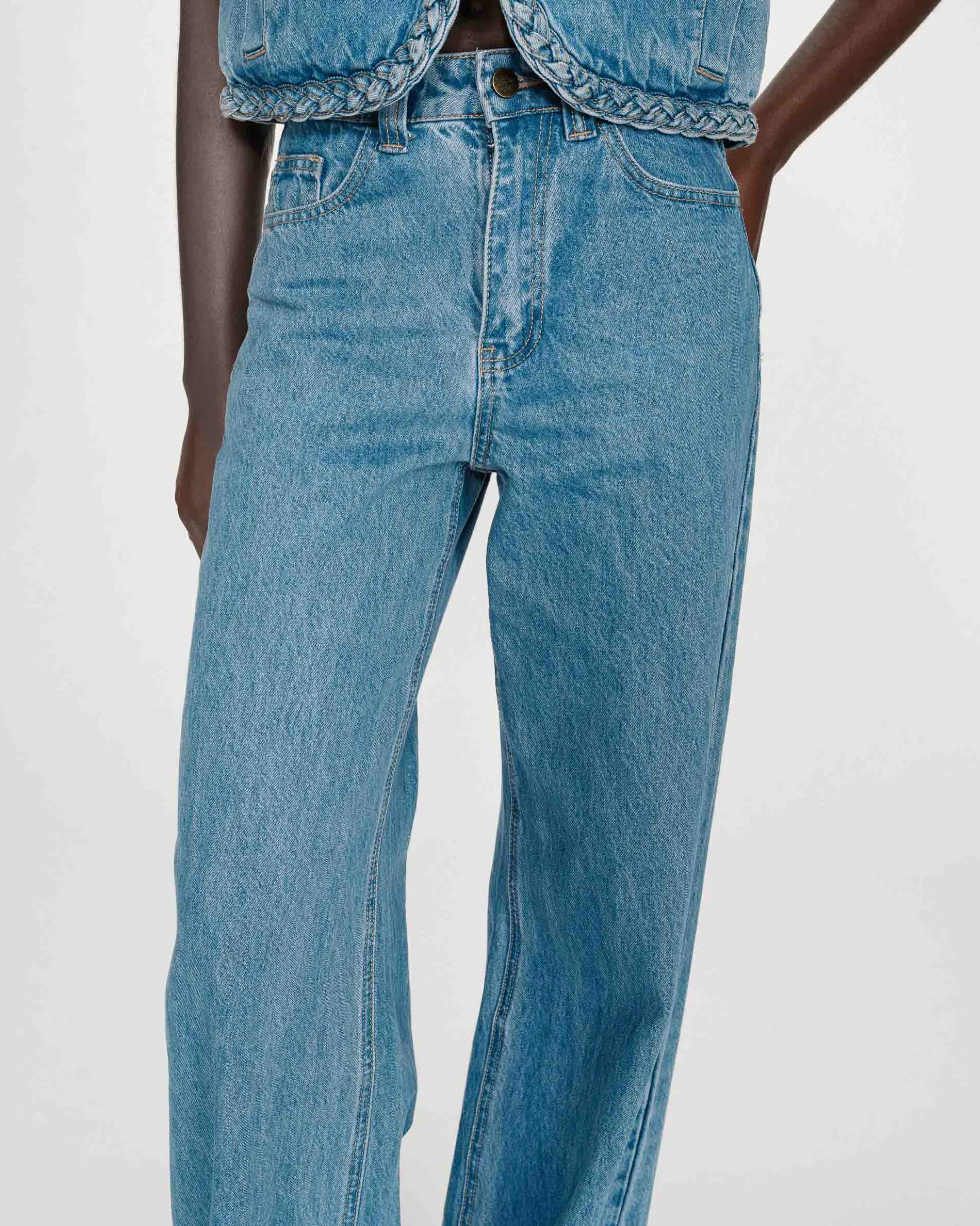 Jean large taille haute ceinture tressée lightblue Jaden