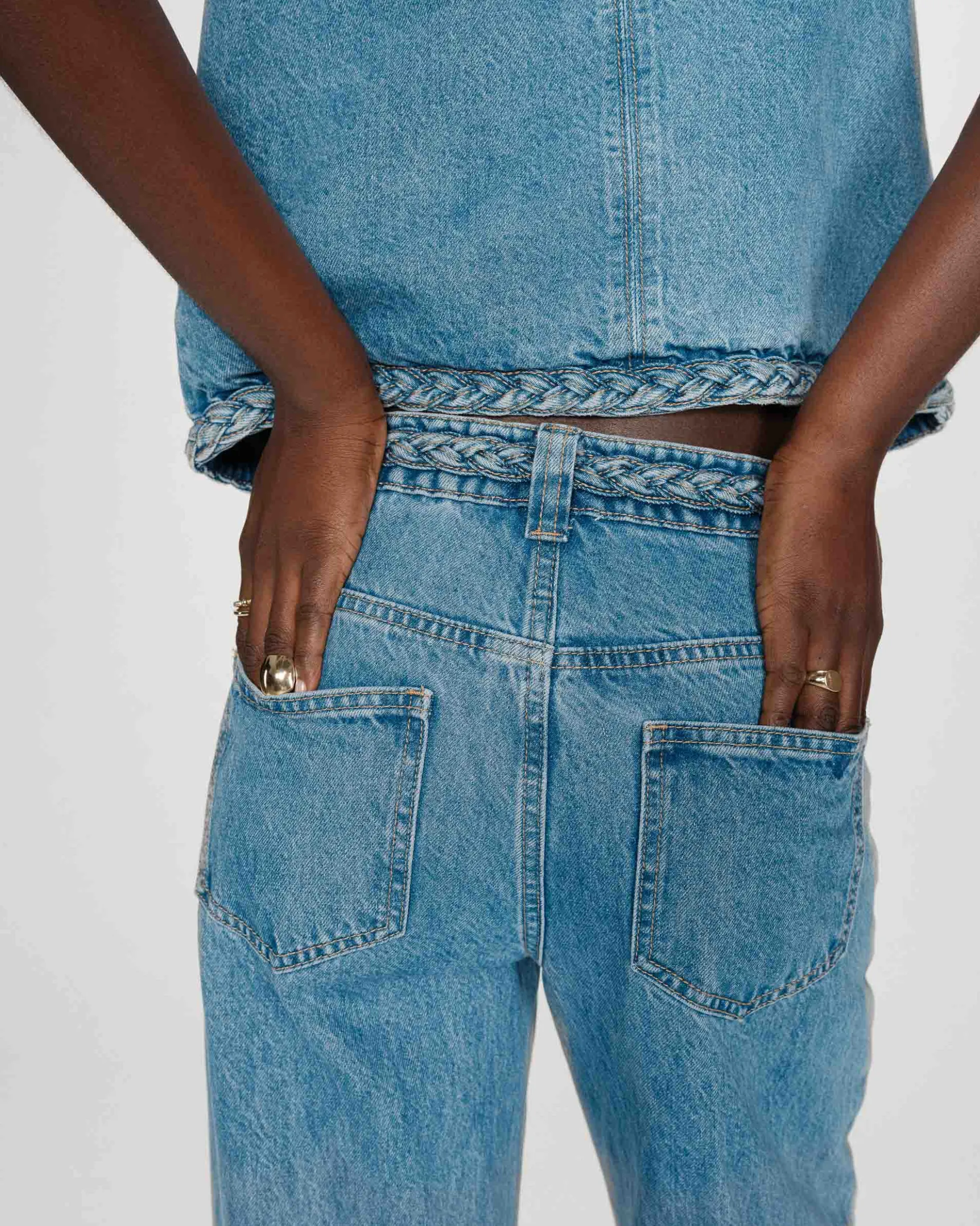 Jean large taille haute ceinture tressée lightblue Jaden