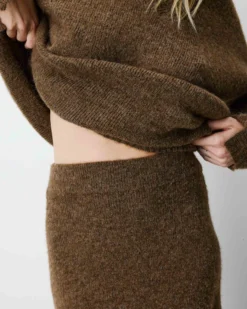 Jupe longue évasée en maille taille haute chocolat Aluna