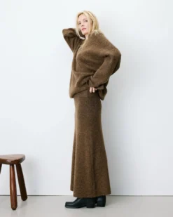 Jupe longue évasée en maille taille haute chocolat Aluna