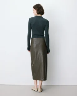 Jupe midi portefeuille similicuir kaki Aenor