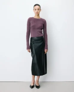 Jupe midi portefeuille similicuir noir Aenor