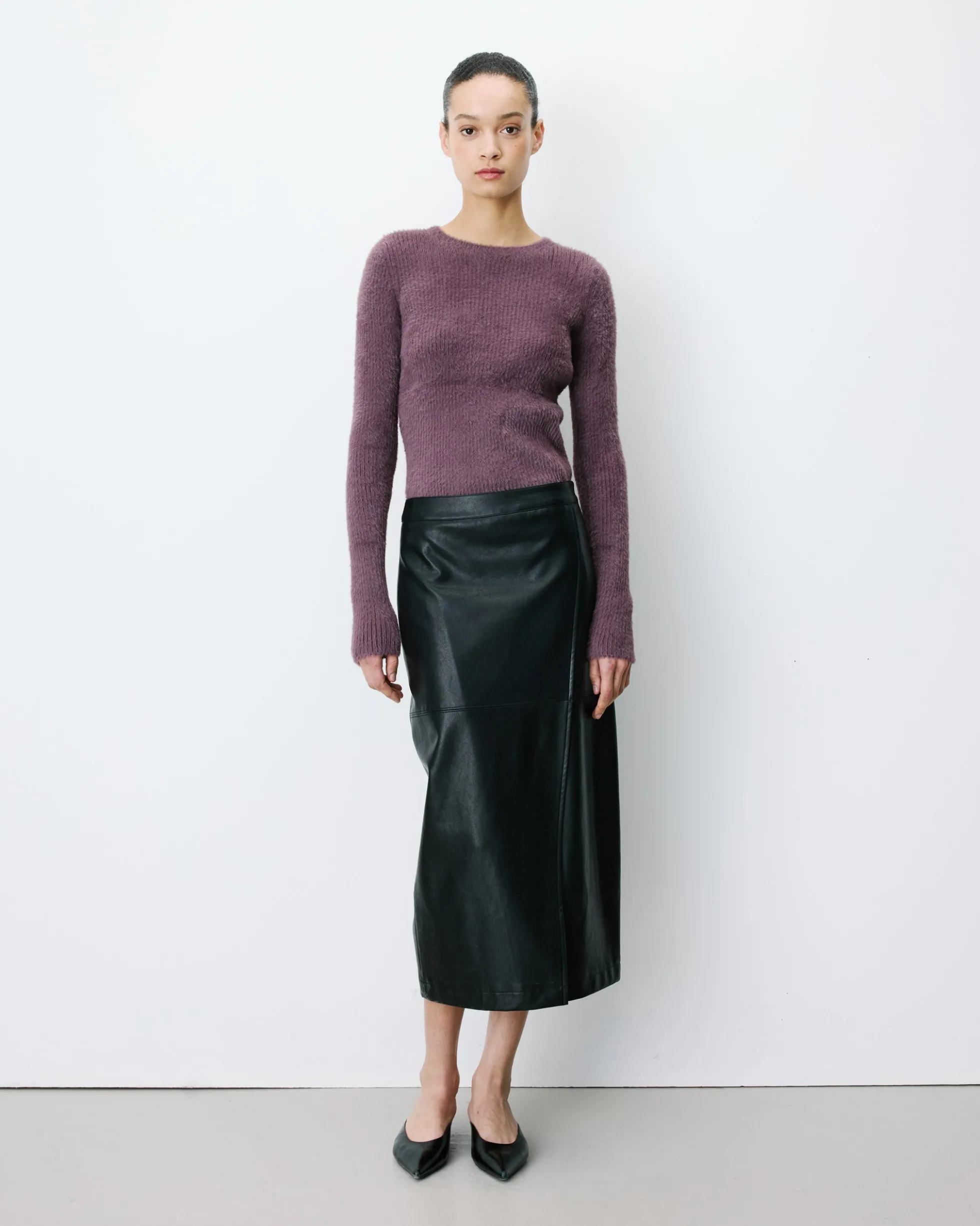 Jupe midi portefeuille similicuir noir Aenor