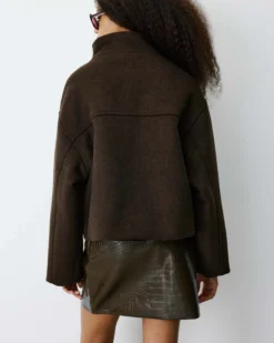 Manteau court col cheminée en laine mélangée chocolat Blanca