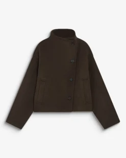 Manteau court col cheminée en laine mélangée chocolat Blanca