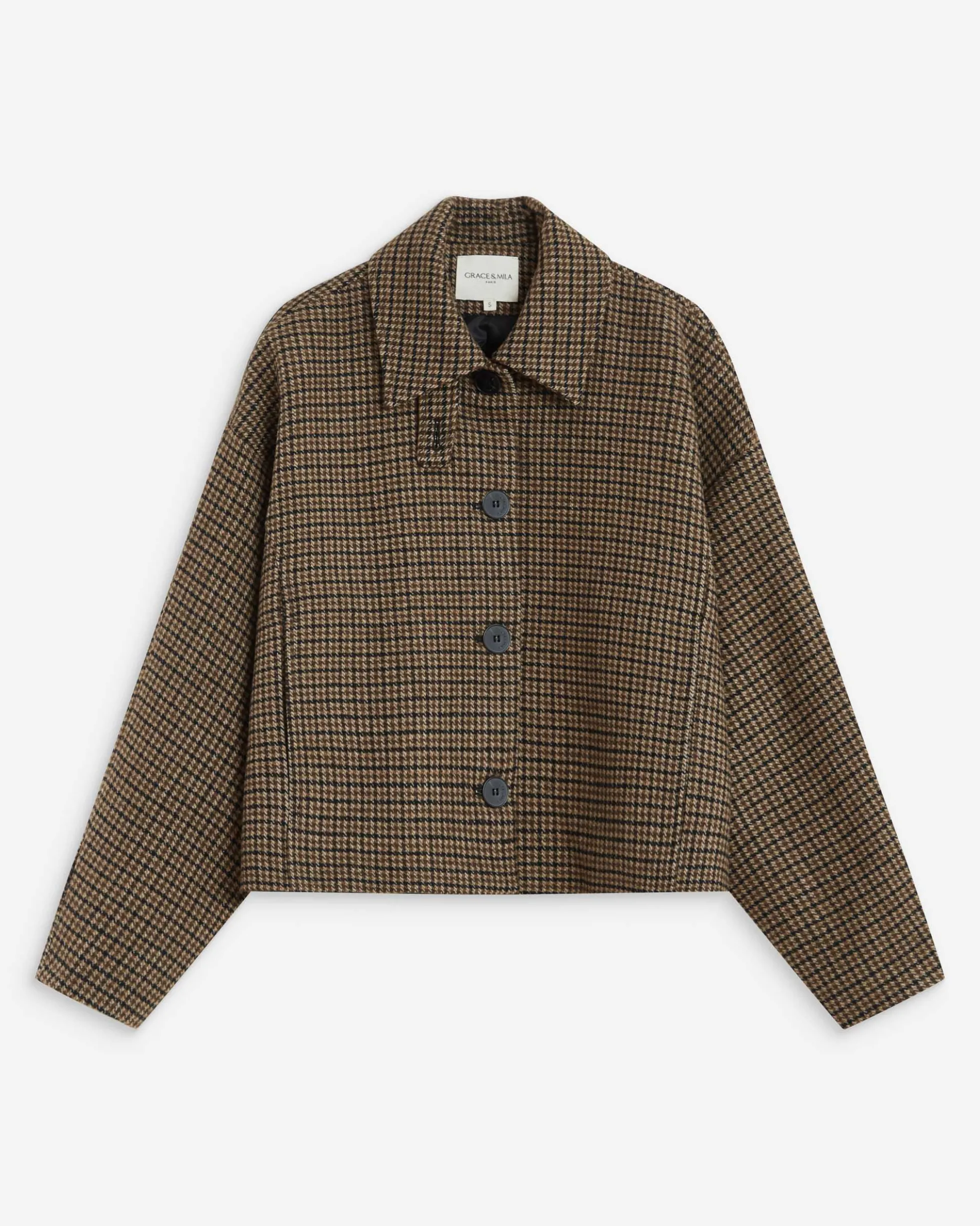 Manteau court pied-de-poule col structuré coffee Arthur