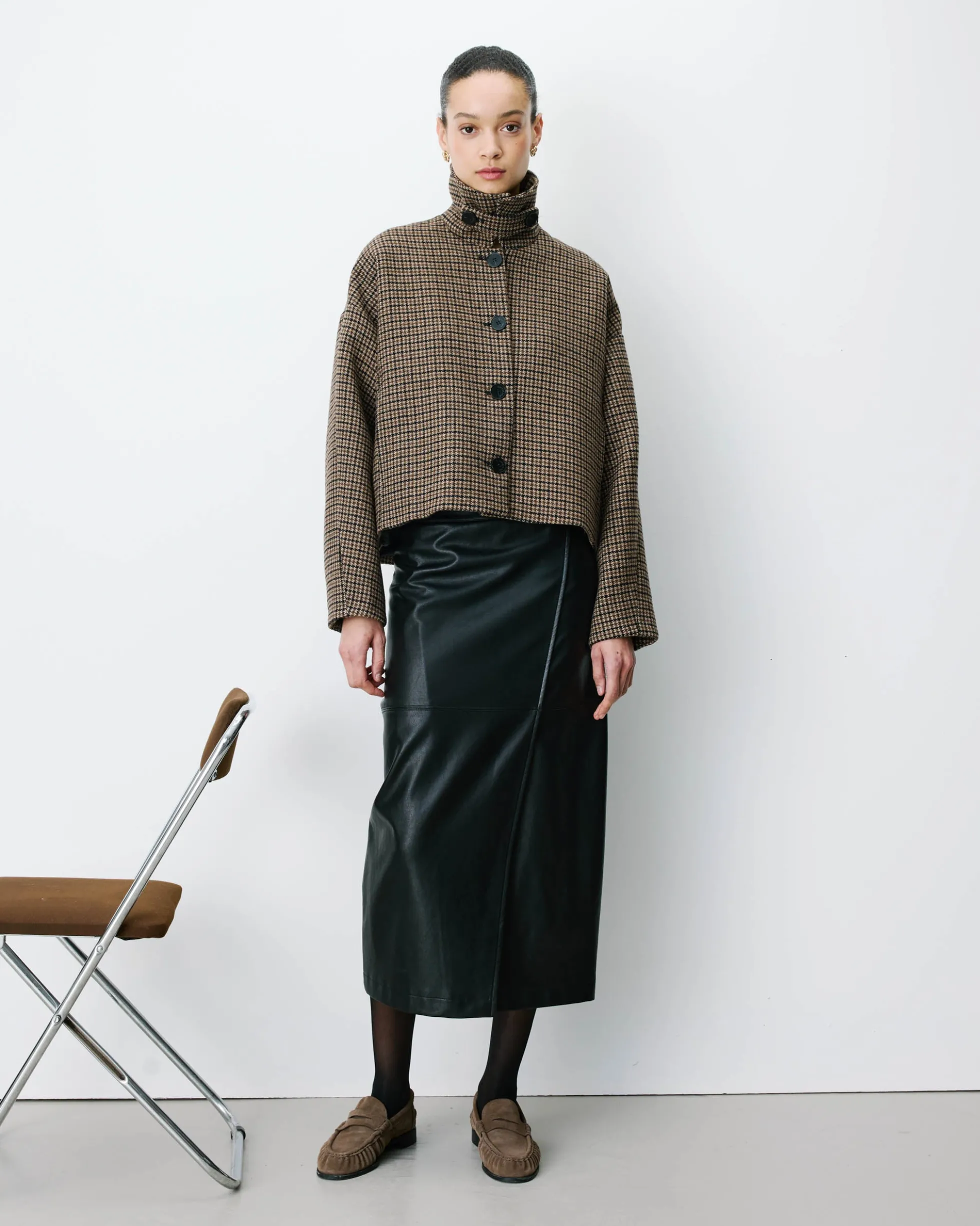 Manteau court pied-de-poule col structuré coffee Arthur