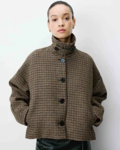 Manteau court pied-de-poule col structuré coffee Arthur