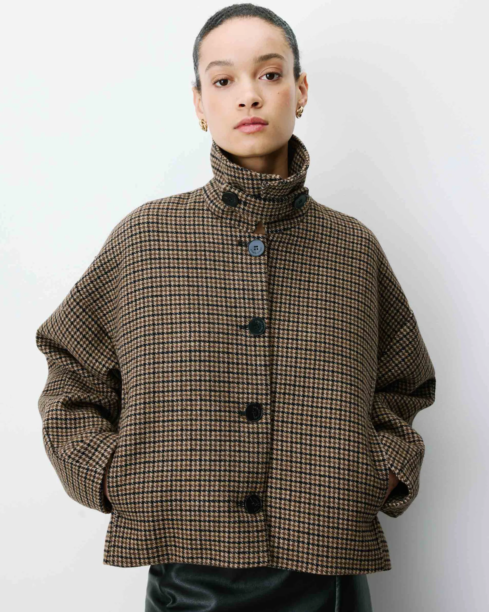 Manteau court pied-de-poule col structuré coffee Arthur