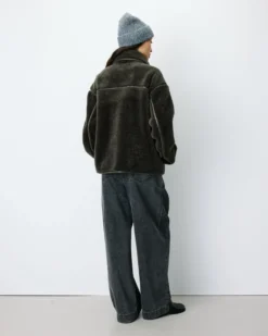 Manteau en fausse fourrure oversize boutonné kaki Amelio
