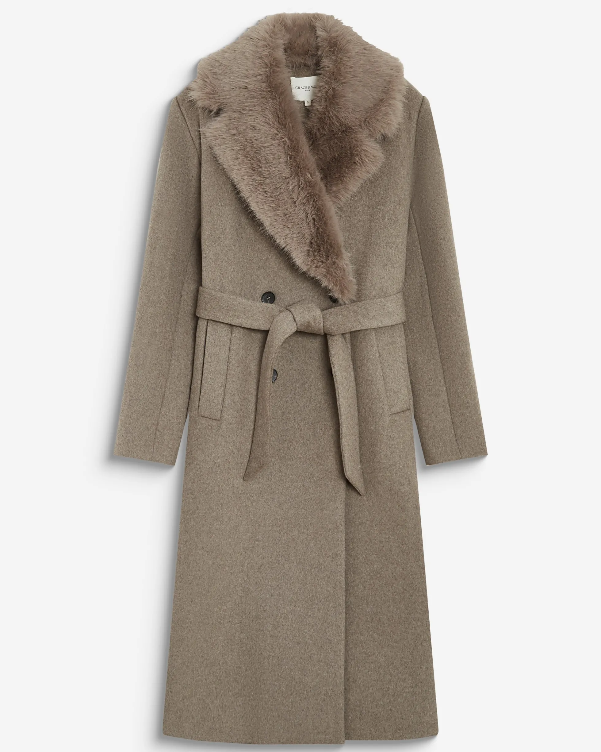 Manteau long croisé col en fausse fourrure grege Beryl