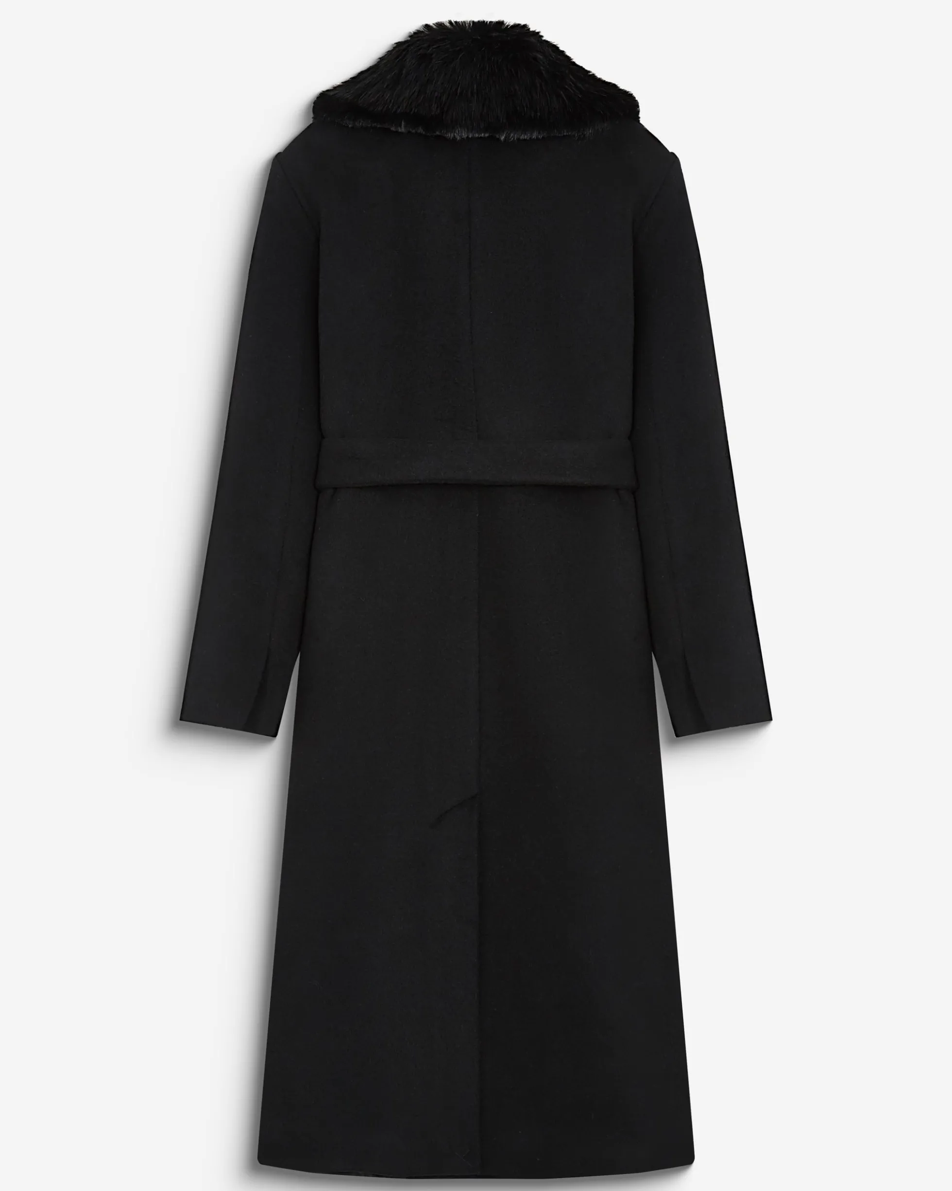 Manteau long croisé col en fausse fourrure noir Beryl