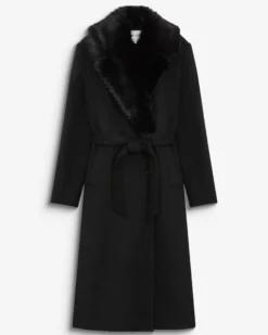 Manteau long croisé col en fausse fourrure noir Beryl