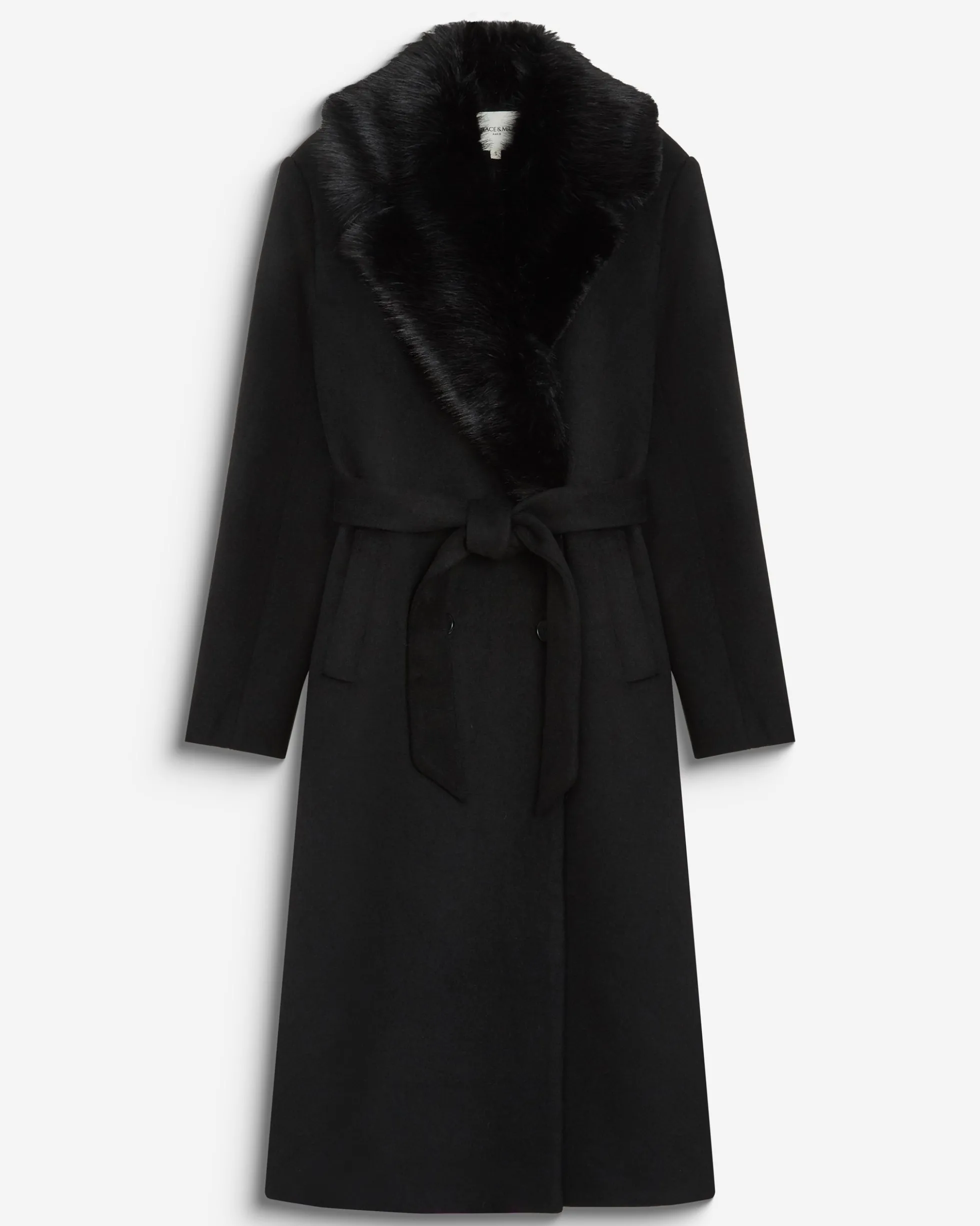 Manteau long croisé col en fausse fourrure noir Beryl