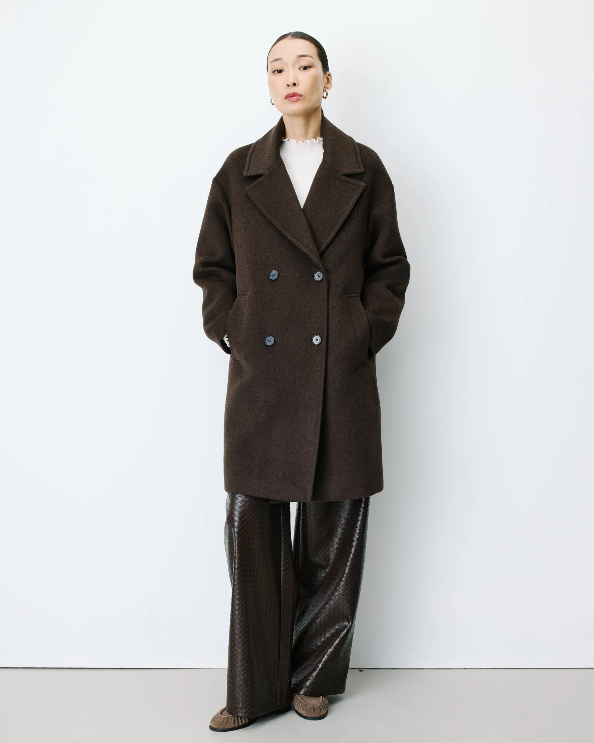 Manteau long croisé en laine mélangée chocolat Alois