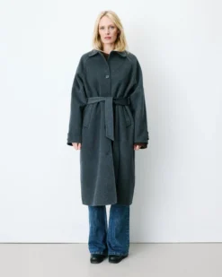 Manteau long en laine mélangée ceinturé anthracite Adam