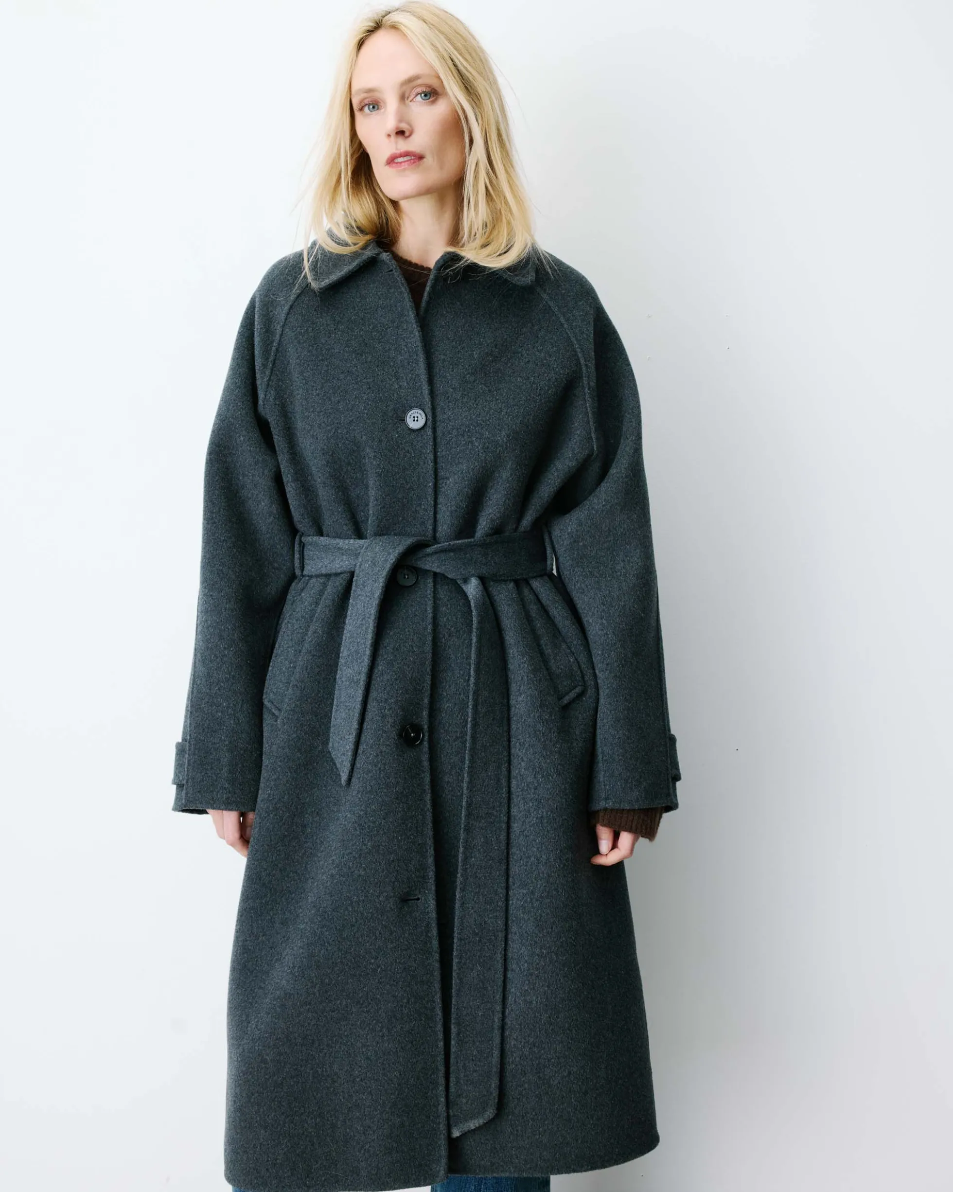 Manteau long en laine mélangée ceinturé anthracite Adam