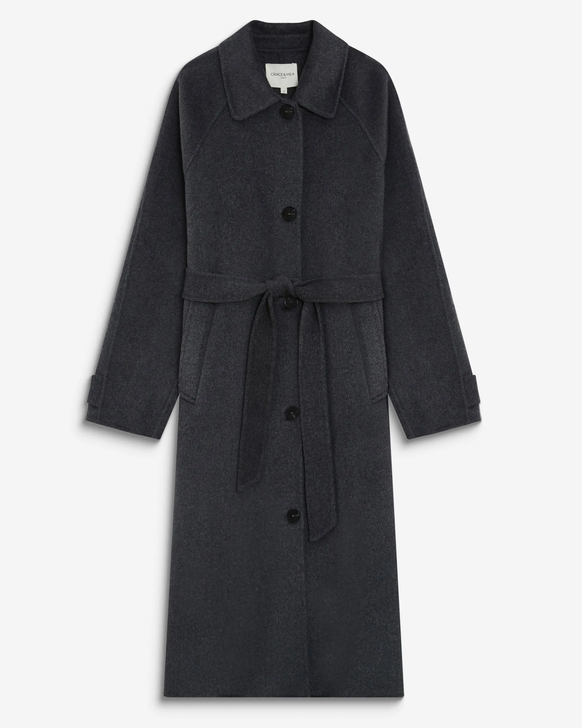 Manteau long en laine mélangée ceinturé anthracite Adam