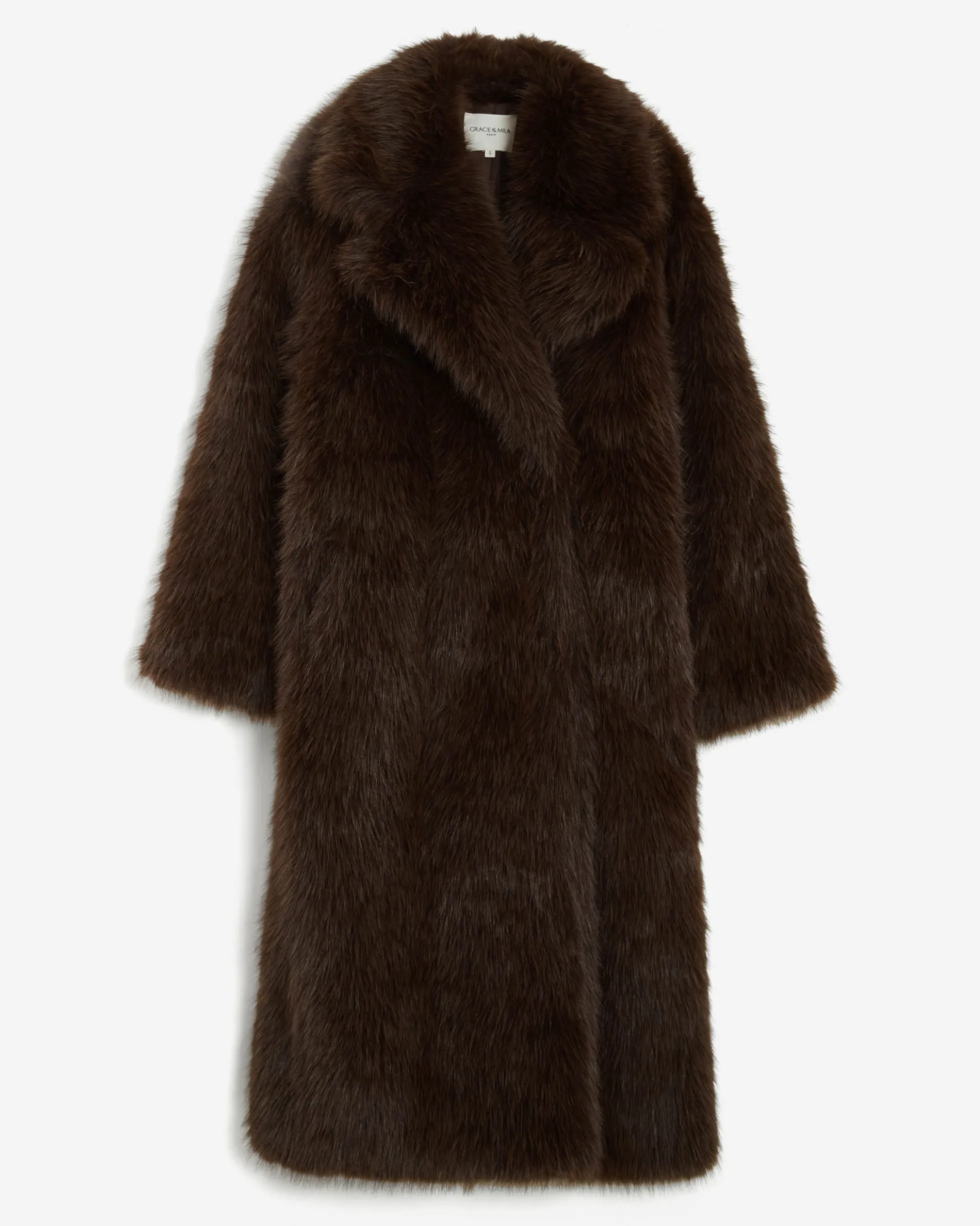 Manteau long oversize en fausse fourrure chocolat Alara