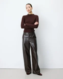 Pantalon barrel similicuir texturé chocolat Artius