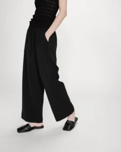 Pantalon fluide jambe large taille mi-haute noir Noblesse