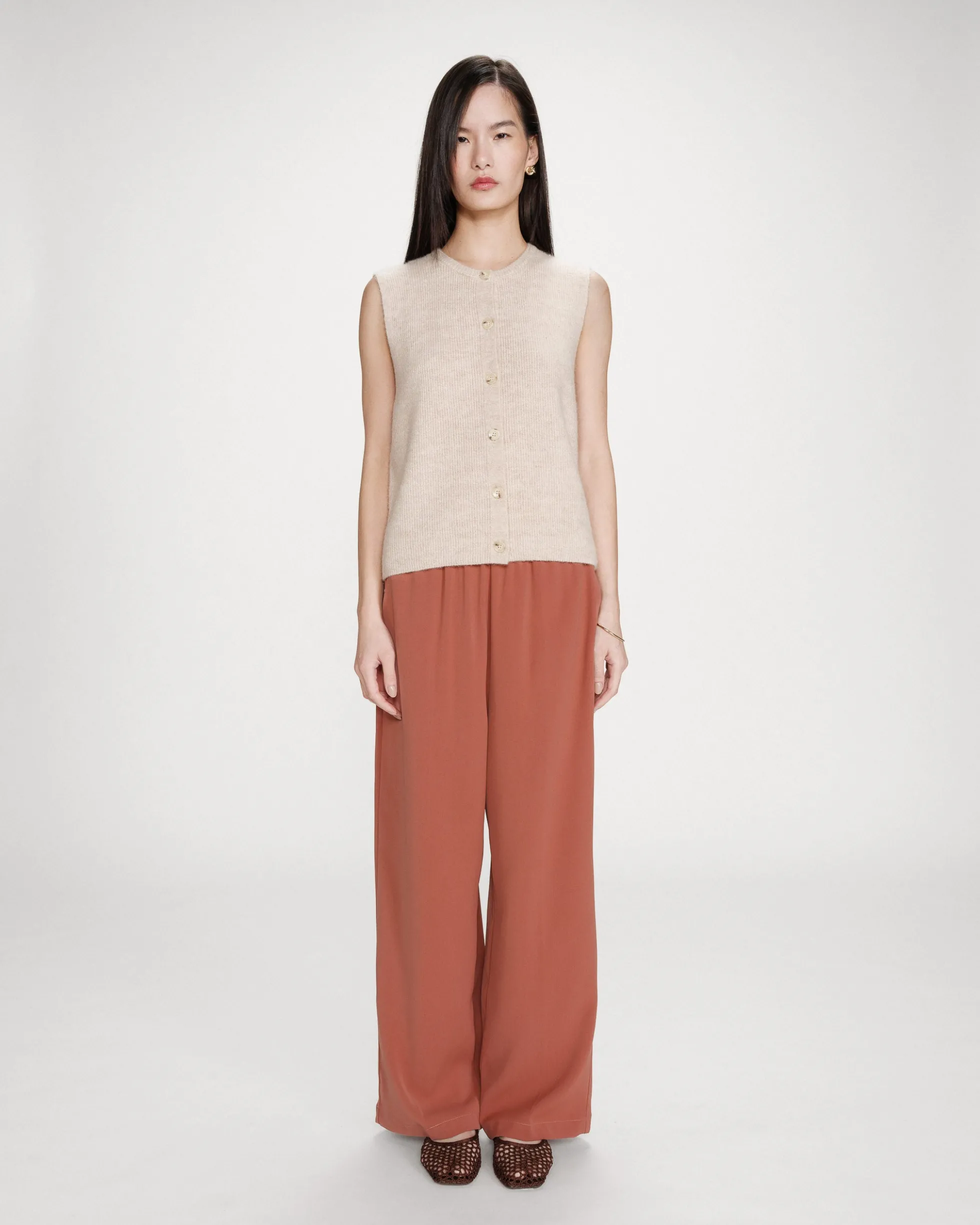 Pantalon fluide jambe large taille mi-haute terracotta Noblesse