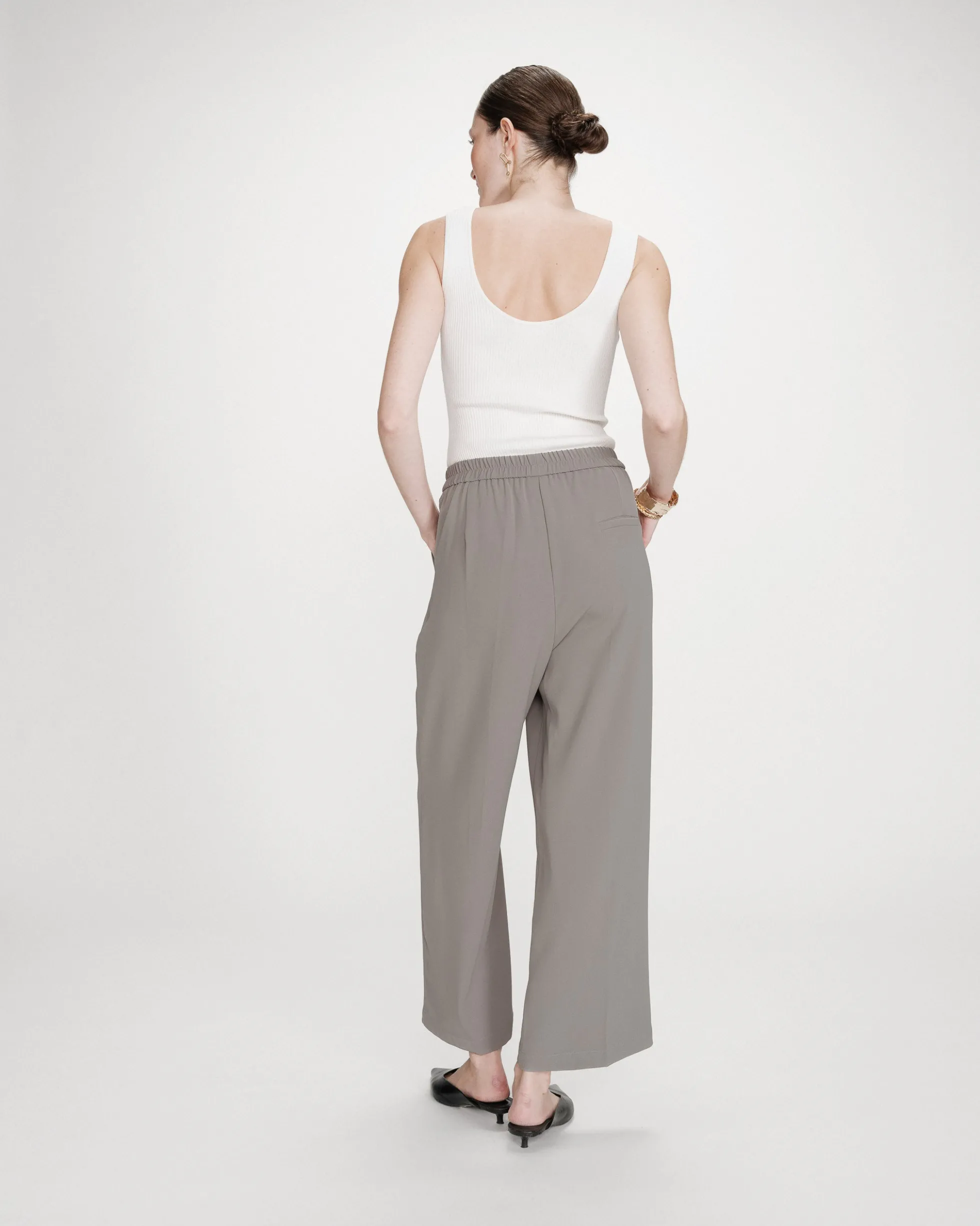 Pantalon fluide jambe large taille mi-haute kaki Noblesse