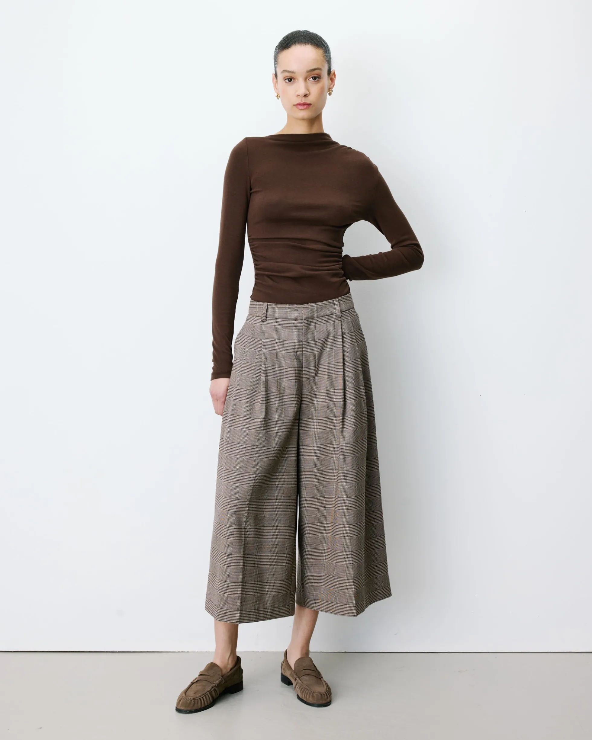 Pantalon jupe-culotte prince de Galles beige Arnold