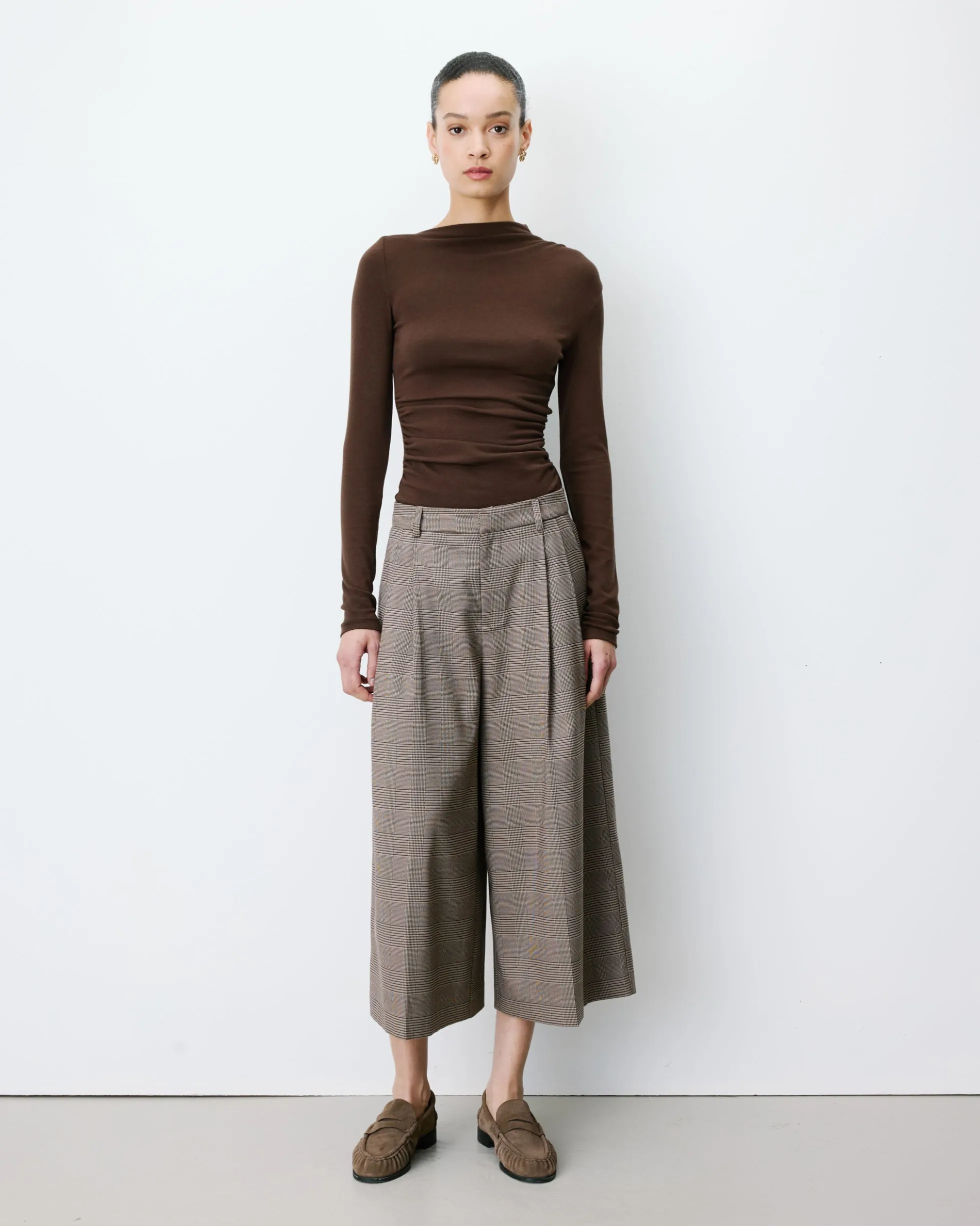Pantalon jupe-culotte prince de Galles beige Arnold