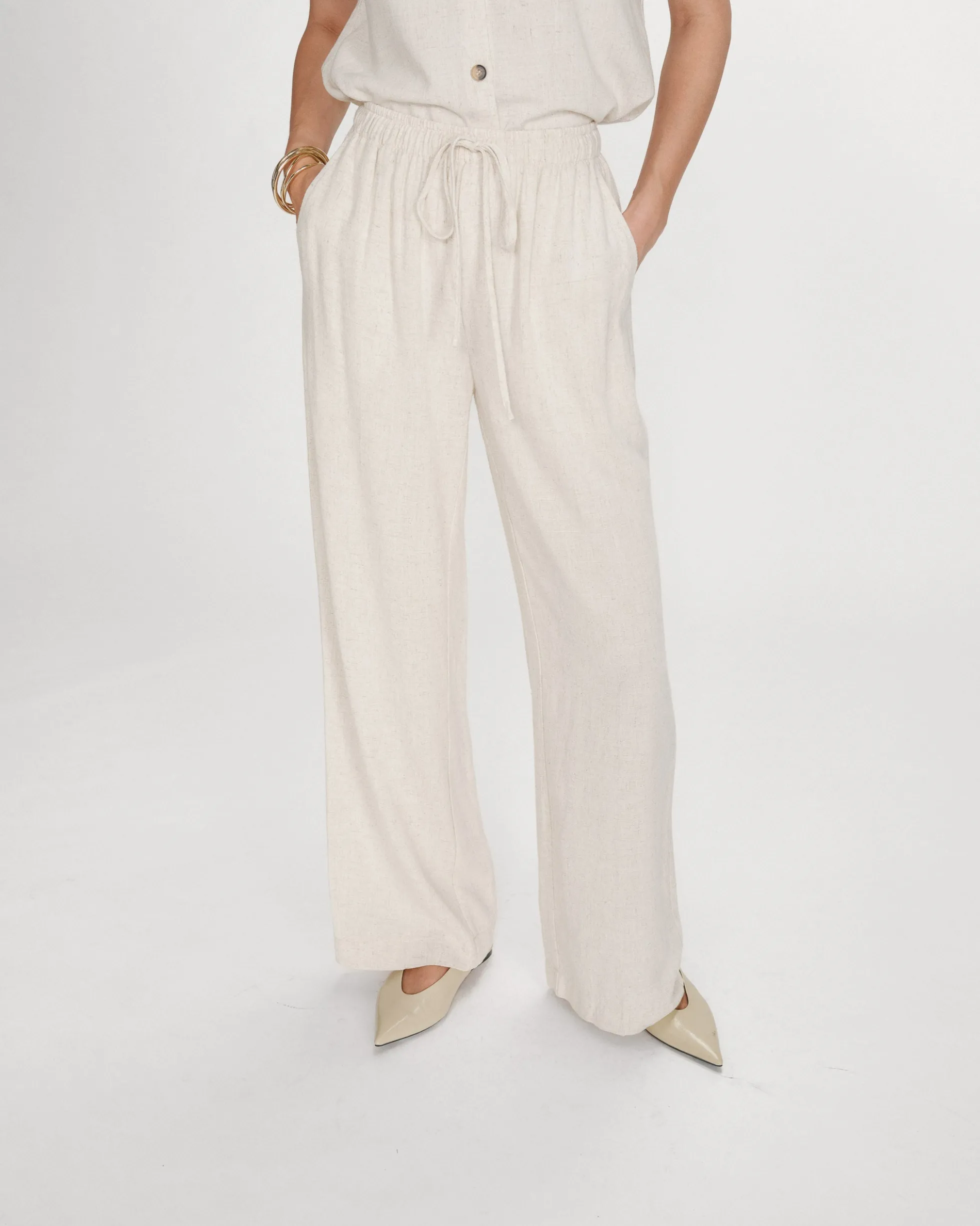 Pantalon large en lin taille haute sable Raven