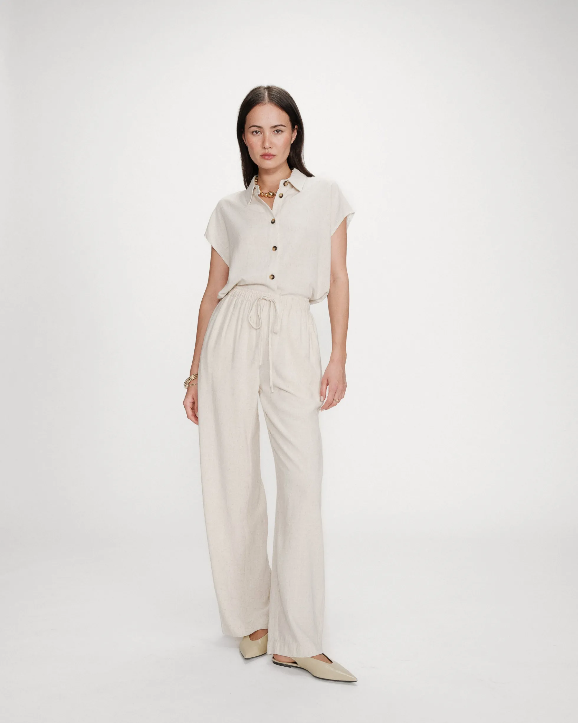 Pantalon large en lin taille haute sable Raven