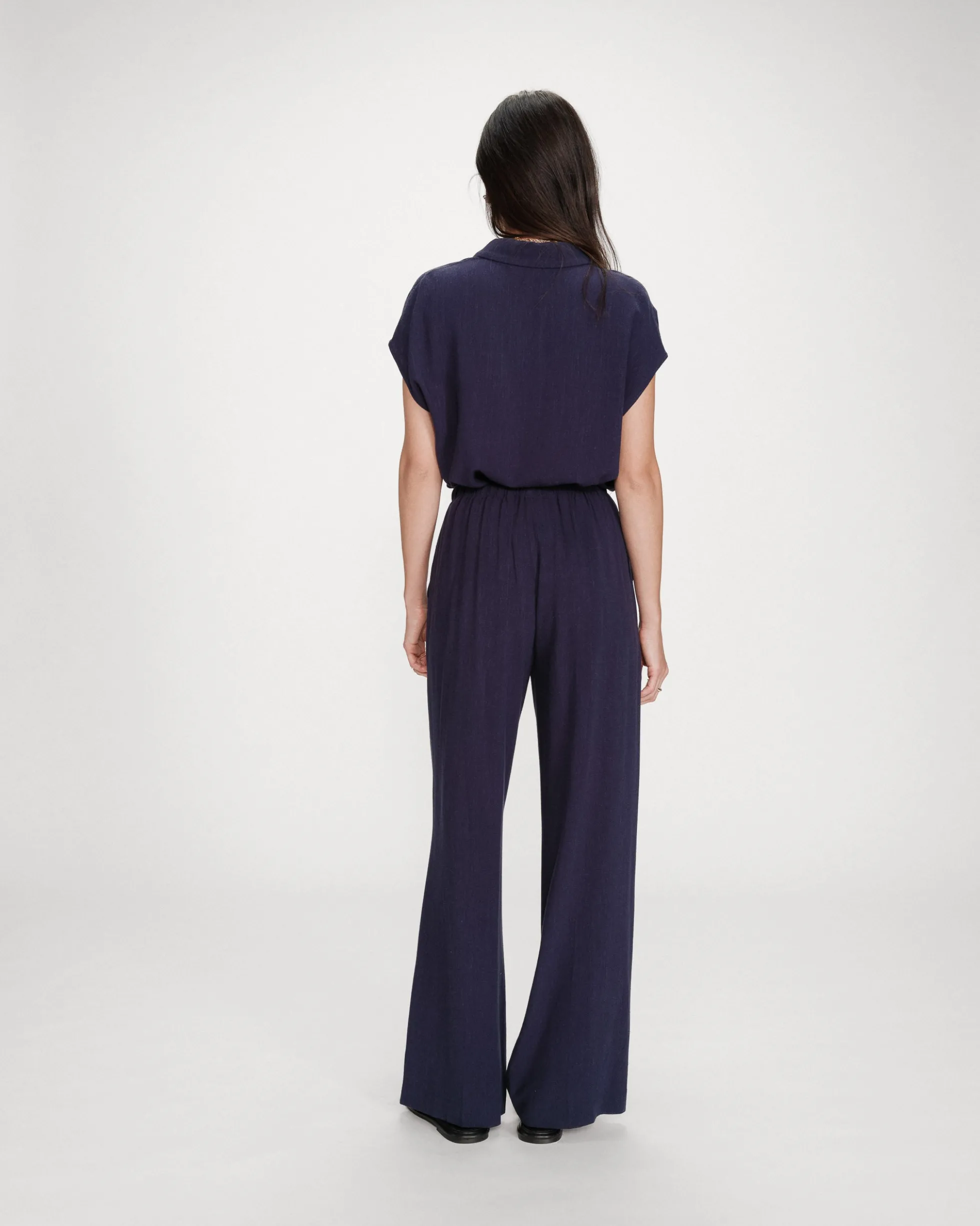 Pantalon large en lin taille haute marine Raven