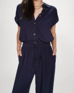 Pantalon large en lin taille haute marine Raven