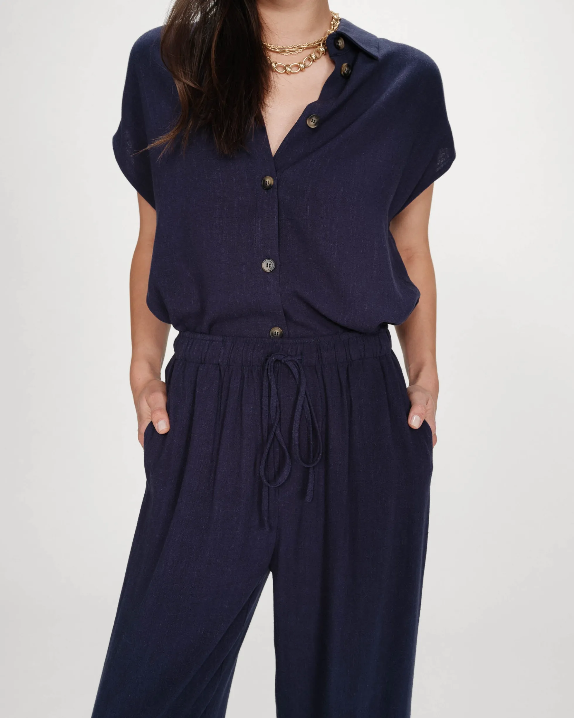 Pantalon large en lin taille haute marine Raven