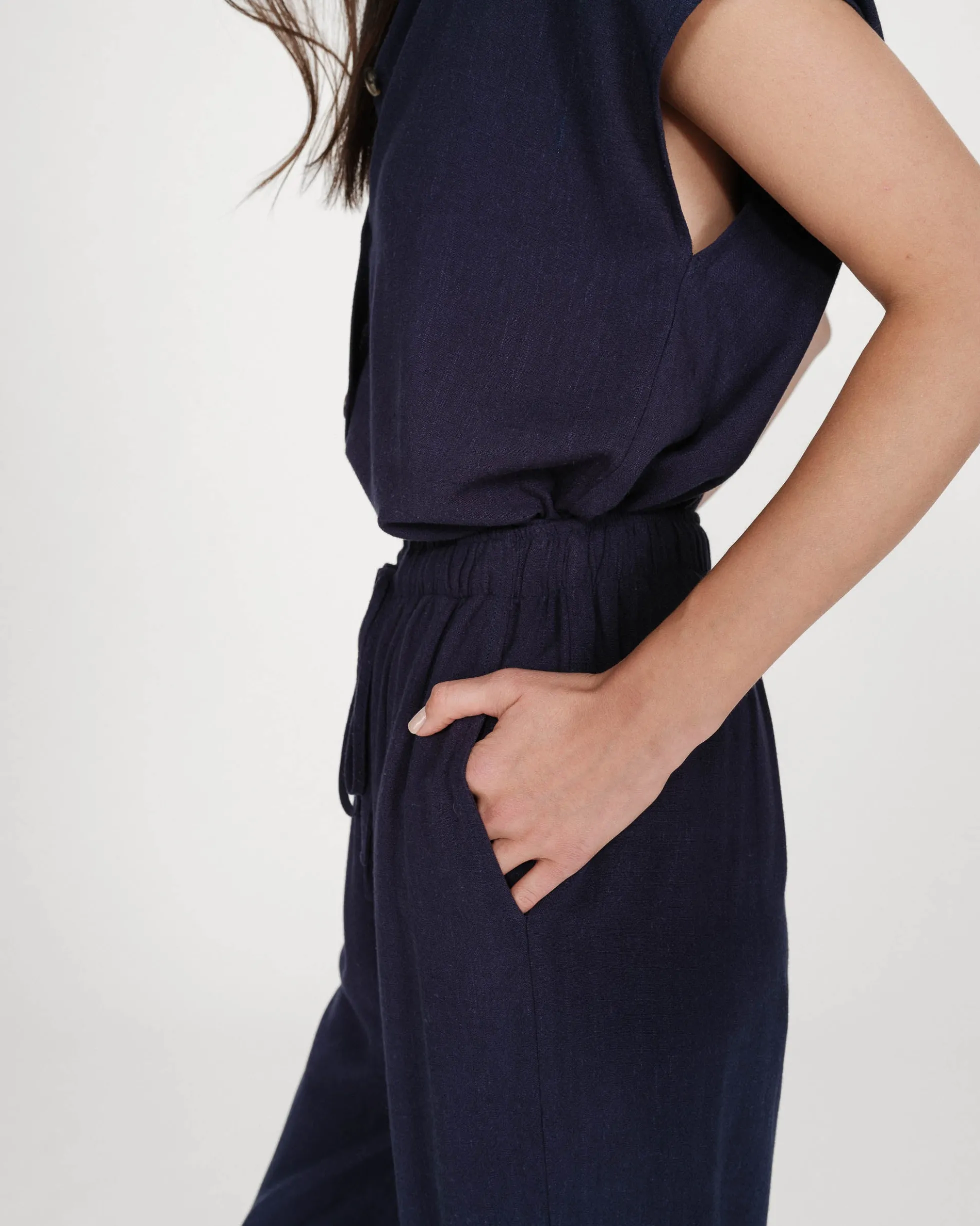 Pantalon large en lin taille haute marine Raven