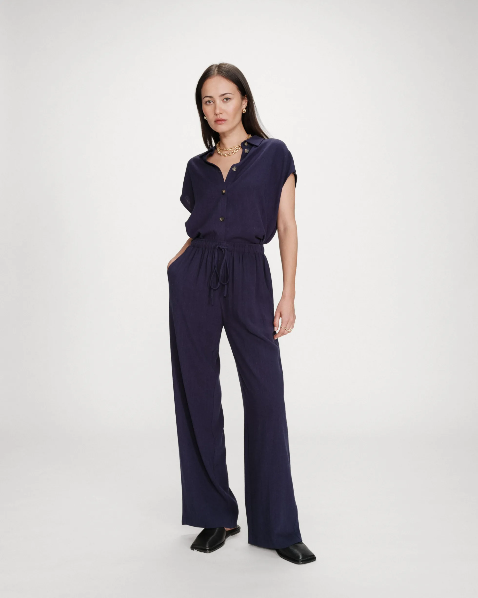 Pantalon large en lin taille haute marine Raven