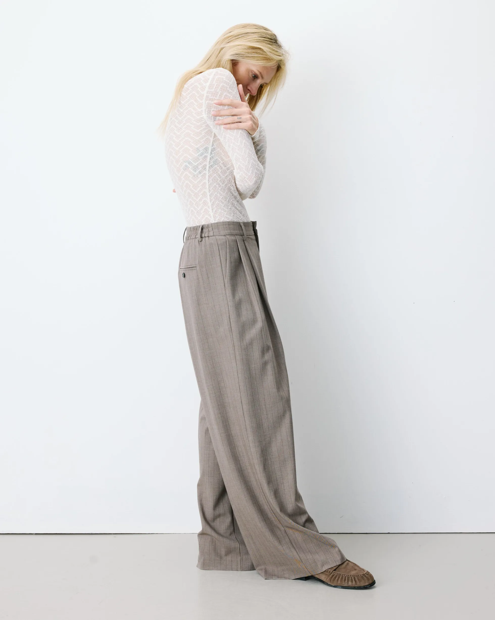 Pantalon tailleur ample ceinture nouable rayure Ardoise
