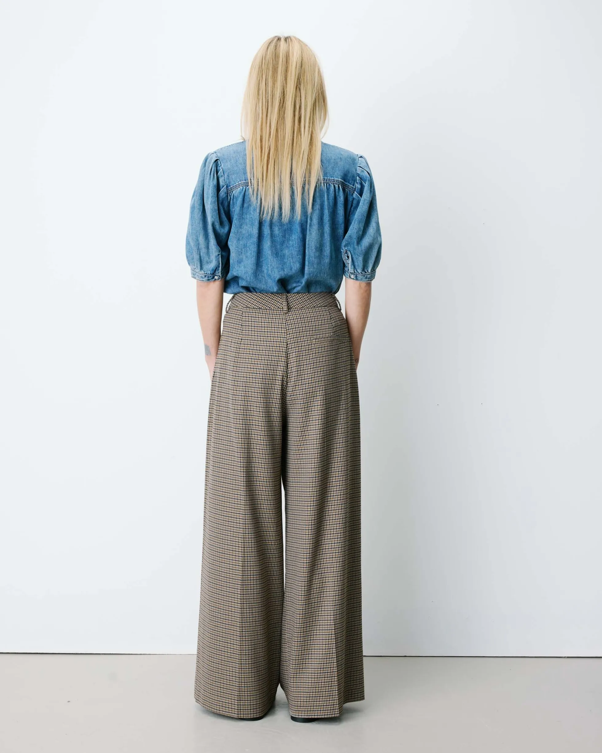 Pantalon tailleur ample pied-de-poule beige Ayen